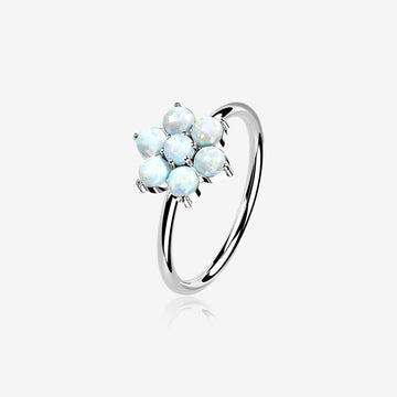 14 Karat White Gold Brilliant Fire Opal Spring Flower Bendable Hoop Ring-White Opal
